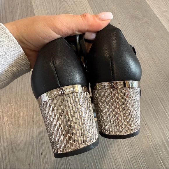 Calvin Klein Natania Black Leather Strappy Lace Up Dress Sandals Silver Heel 7 - Picture 6 of 11